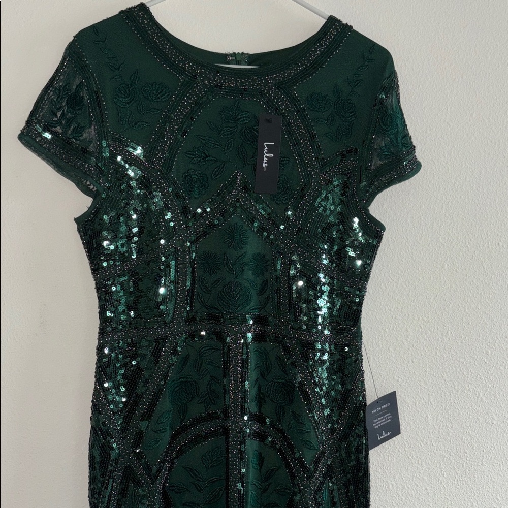 Lulu's Emerald Green Sequin & Beaded Midi Dress